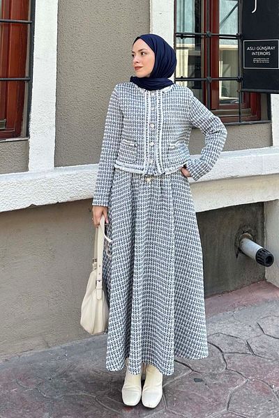 Molly Nelly Hijab Pleated Women's Jacket and Skirt Set - Lined Tweed