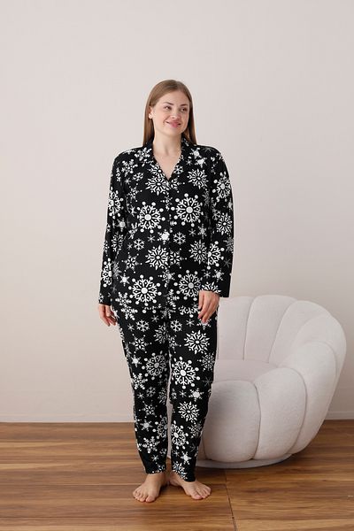 SEBOTEKS Snowflake Patterned Suede Button-Down Large Size Women's Pajamas Set 2121