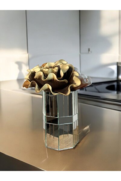 BeQ Home Vază octogonală cu oglindă 20 cm- Vază cu oglindă argintie cu dungi ...