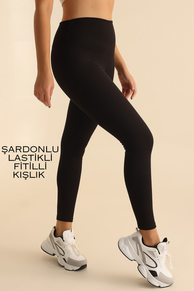 Siyah Fitilli Şardonlu Kışlık Kadın Tayt