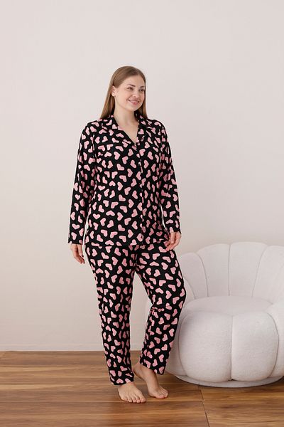 SEBOTEKS Sweetheart Patterned Suede Button-Down Large Size Women's Pajamas Set 2126