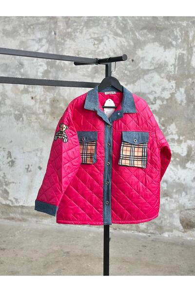 Hatun Atila HatunAtila - Jachetă matlasată roz 7456, cu detaliu denim pe mâneci și buzunare