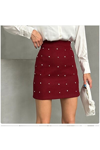 LUX BY Bordo Noktalı Taşlı Etek