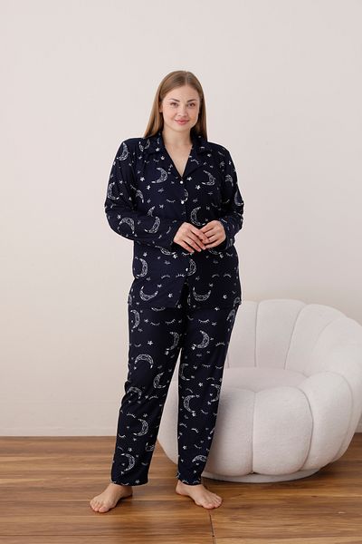 SEBOTEKS Large Size Crescent and Star Patterned Suede Pajamas Set - Tall Buttoned 2125