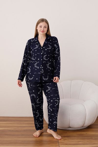 SEBOTEKS Large Size Crescent and Star Patterned Suede Pajamas Set - Tall Buttoned 2125