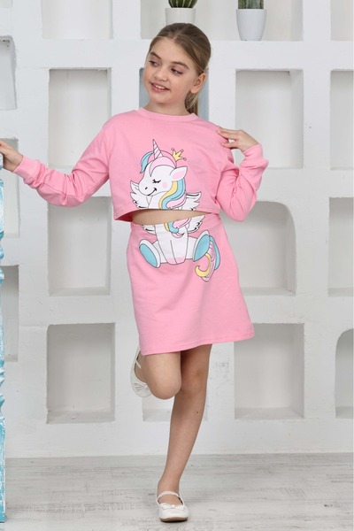 CoolCix MEVSİMLİK KUMAŞ 2İP 100%PAMUK UNİCORN DESENLİ ETEK VE SWEAT TAKIM