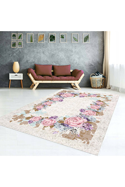 AACAP غطاء سجادة أزرق بتفاصيل وردية كبيرة