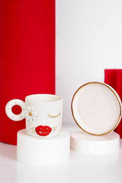 SİNEM YAMAN HOME Lippen Handmade Ceramic Cup / Handmade Lip Daisy Ceramic Cup