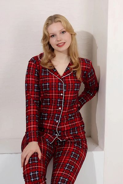 Kültür Boutique Women's Plaid Suede Front Button Baby Lapel Long Sleeve Pajamas Set