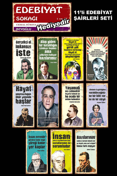 Hayal Poster Edebiyat Sokağı Şairler Ve Yazarlar Retro Ahşap Poster Tablo Seti 11 adet 10x20cm