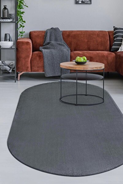 Dijidekor Peluş Halı Koyu Gri Cool Yıkanabilir Oval Kesme Post Yolluk Kilim S...