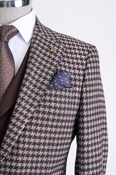 TerziAdemAltun Men's Slim Fit Italian Style Combination - Jacket, Vest, Pants Set Brown T13076