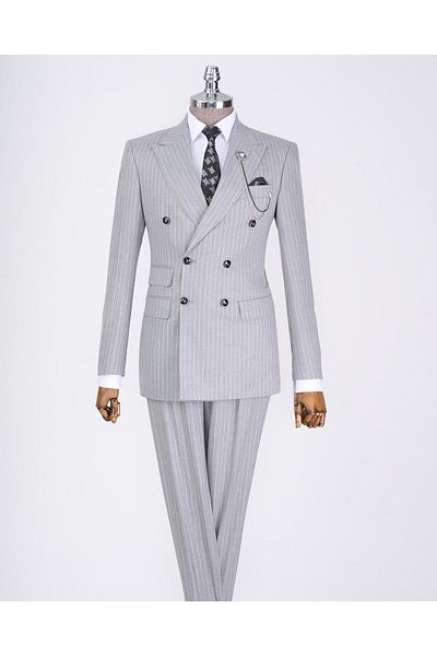 TerziAdemAltun Gray Italian Style Slim Fit Striped Double Breasted Jacket and Pants Set - T13066