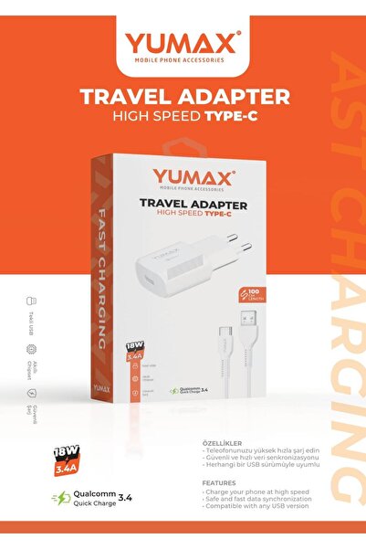 yumax 18W Type-C Hızlı Şarj Adaptörü + 100cm Type-C Kablo | 3.4A Quick Charge Telefon & Tablet Uyumlu
