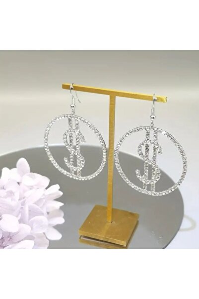 Dgt Luxury Gümüş Kaplama Dolar İşaretli, Taşlı Parti Küpesi