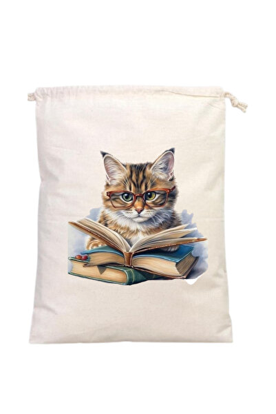 Elbasan Tekstil Cat Reading Books Themed Book Pouch 20 X 30 cm