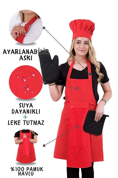 sevilya 5-Piece Kitchen Apron Set with Star Adjustment Hanger (Towel Apron with Adjustment Hanger, Head Cap, Gloves, Handle)
