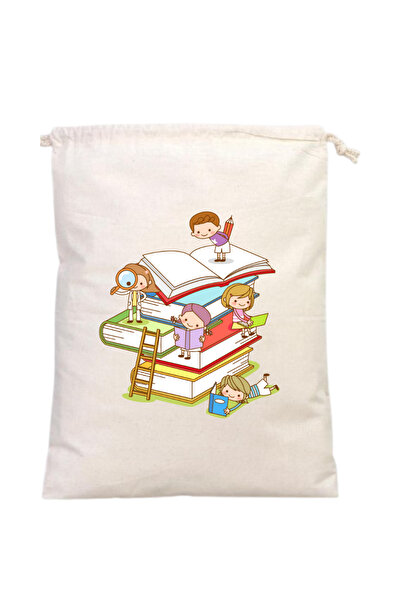 Elbasan Tekstil Kitap Okuyan Çocuklar Temalı Kitap Kesesi 20 x 30 cm
