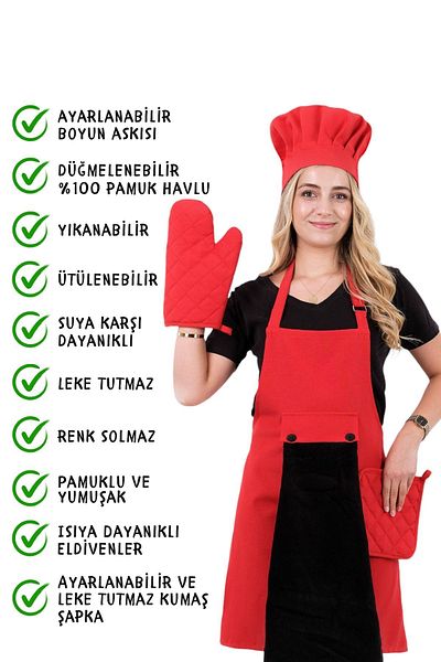 sevilya 5-Piece Kitchen Apron Set with Star Adjustment Hanger (Towel Apron with Adjustment Hanger, Head Cap, Gloves, Handle)