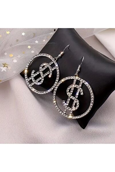 Dgt Luxury Gümüş Kaplama Dolar İşaretli, Taşlı Parti Küpesi