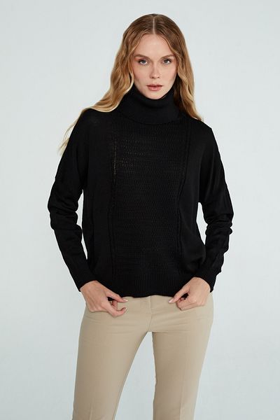 JOVENMADRE Pulover de damă, tricotaj negru supradimensionat cu model cu gât barcă