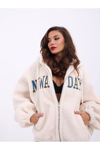 FASHION COCKTAIL Women's Embossed Lettering - Loose Hoodie, Loose Loose Fit Plush Mohair Pocket Zip-Up Thick Coat