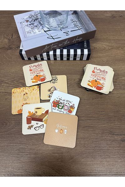 SM Satranç Medya Autumn Book Coffee Themed Coasters Fireplace Scented Wood Set of 6