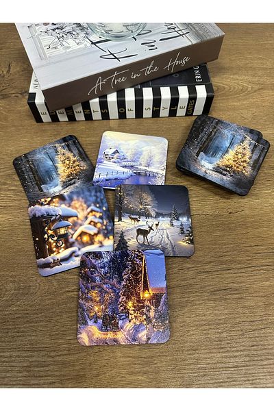 SM Satranç Medya Luminous Snow Sights Coasters Fireplace Scented Wooden Set of 5