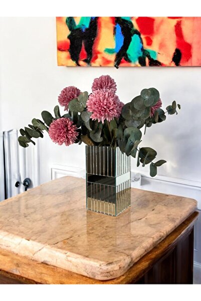 BeQ Home Kare Gümüş Aynalı Vazo 20cm - Dekoratif Dikey Çizgili Kuşaklı Gümüş (BEYAZ) Ayna Vazo