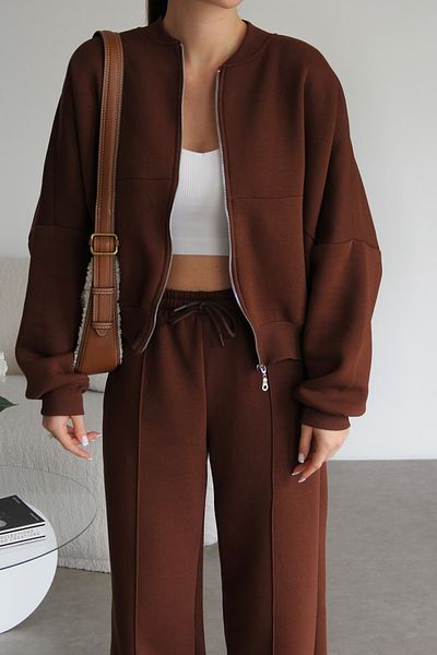 Julidress Coffee Zippered Raised Bottom Top Premium Tracksuit Set