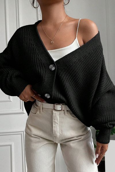 H&E LUXURY DESIGN Cardigan negru cu textura moale pentru femei
