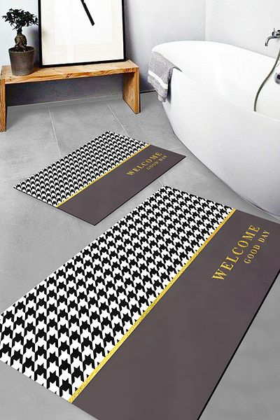 Else Dekor Patterned Printed Water Absorbent Washable Non-Slip Base 2-Piece Bathroom Rug Mat Toilet Seat Set