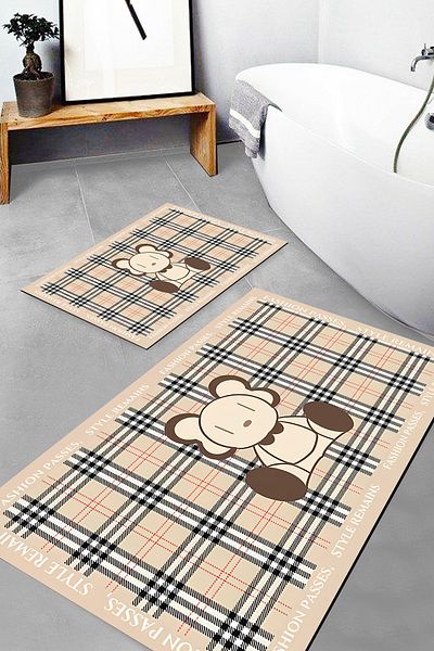 Else Dekor Patterned Printed Water Absorbent Washable Non-Slip Base 2-Piece Bathroom Rug Mat Toilet Seat Set