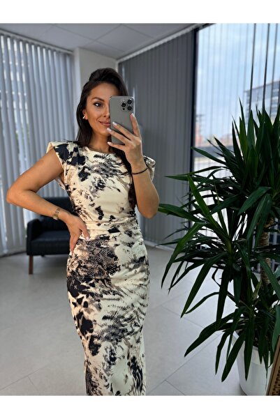 caddstore Cream Waist Draped Pencil Dress with Shoulder Padding