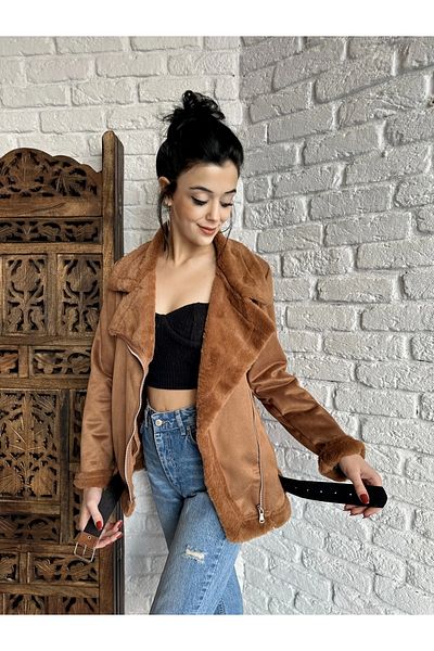 moneta boutique Дамско велурено палто със заек с колан отвън