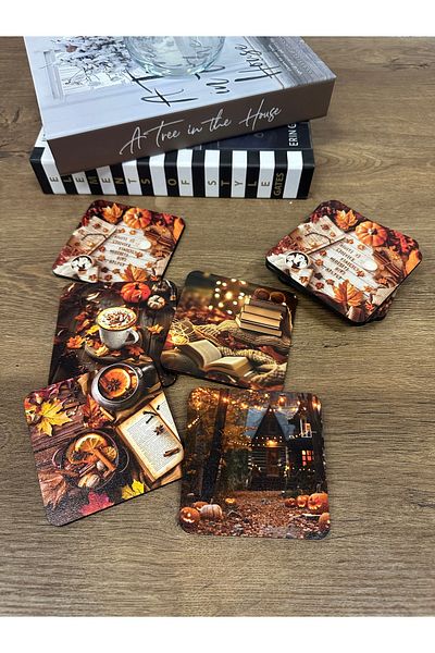 SM Satranç Medya Autumn Leaves Landscape - Pumpkin Themed Coasters Fireplace Scented Wood Set of 5