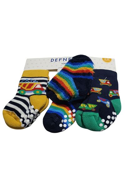 Defne Baby 3 perechi de șosete de iarnă din bumbac, cu talpă anti-alunecare, cu model de mașină, pentru băieți și bebeluși