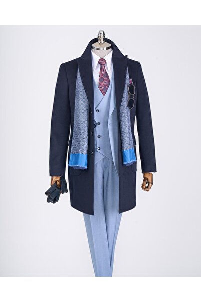 TerziAdemAltun Ανδρικό παλτό με μακρύ γιακά με λεπτή εφαρμογή ιταλικού στυλ, μαλλί ανάμεικτο, μπλε ναυτικό T13364