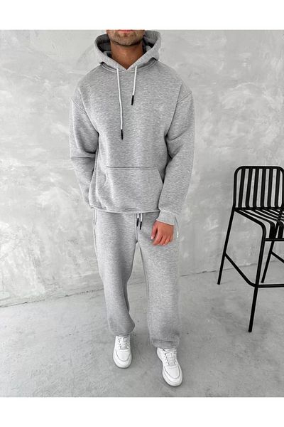 REKA MODA Gray Hooded Three Thread Tracksuit Set
