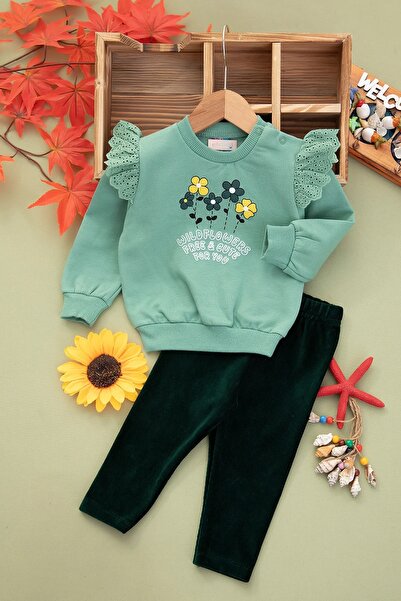 VEGAMOD Baby Girl Flower Printed Shoulder Lace Trimmed Fleece Double Set 6-9-...