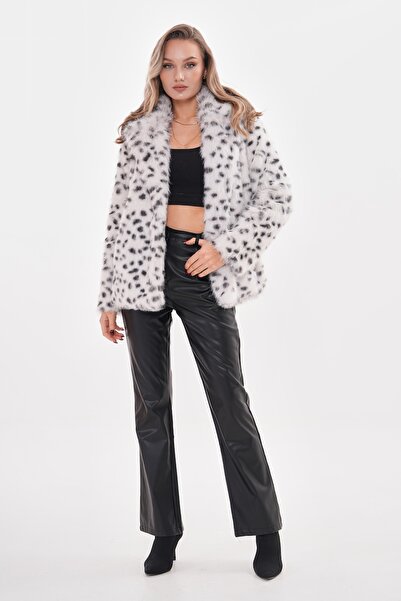 NAVY yakalı kürk ceket leopar