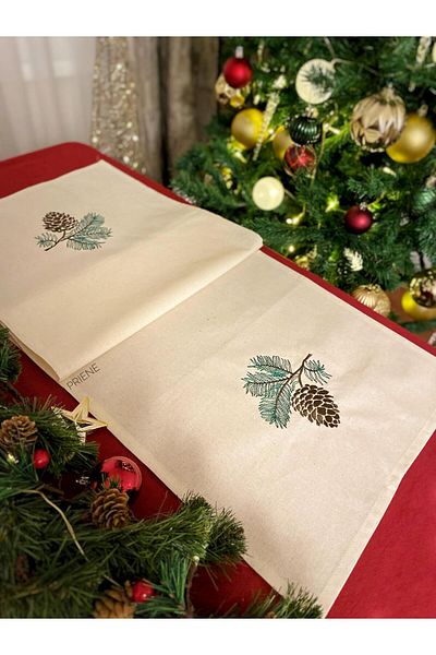Priene New Year's Cone Embroidered 100% Cotton Runner (40X140 cm)