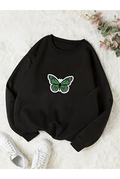 kelebek baskılı premium pamuklu oversize "3 iplik" sweatshirt 4070788541307