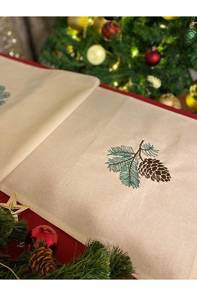 Priene New Year's Cone Embroidered 100% Cotton Runner (40X140 cm)
