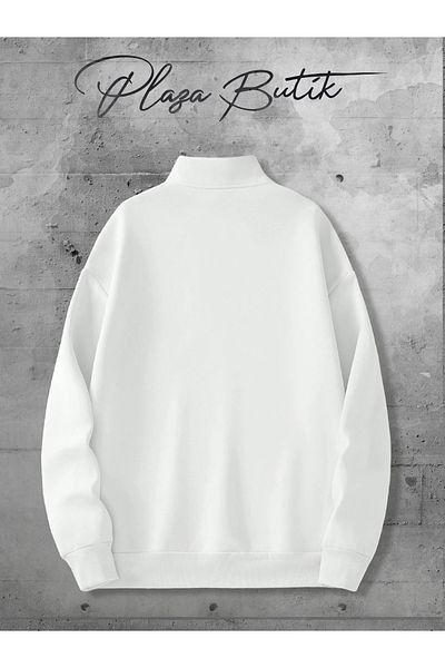 Plaza Butik Unisex Oversize Fleece Cotton Sweatshirt - Half Zipper, Stand Collar Printed