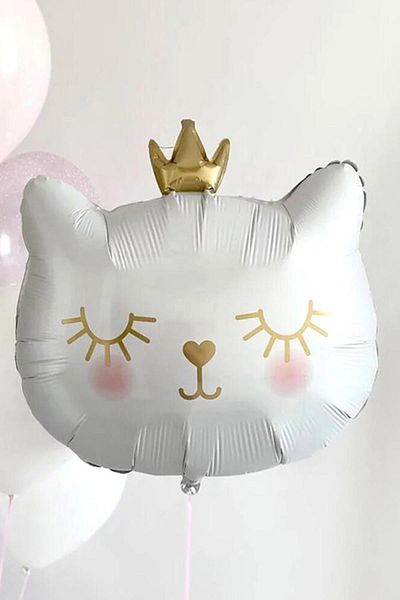Patladı Gitti Crowned White Cat Foil Balloon 1 Piece 76X64,5 cm