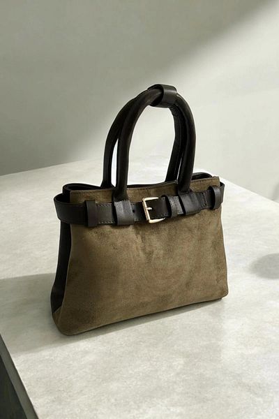 Glemix Aurora Khaki Women's Suede Handbag and Shoulder Bag with Belt Detail