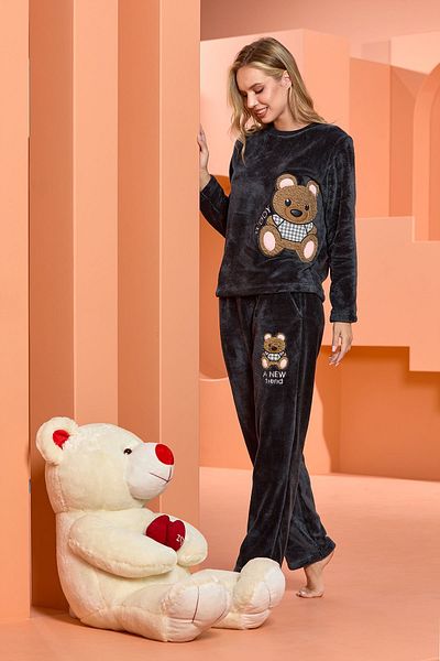 Cossy By Aqua 25064 Γυναικεία Anthracite Cute Απλικέ Λεπτομέρεια Welsoft Homewear Σετ πιτζάμες