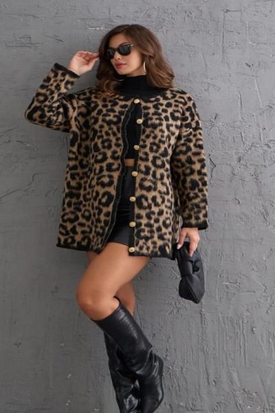 JANSO GROUP Cardigan de damă cu decolteu rotund maro cu imprimeu leopard din lână