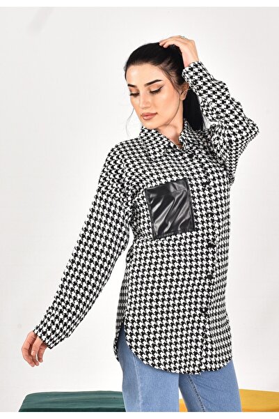 MC Boutique Kadın Kazayağı Deri Cepli Uzun Kollu Beyaz Gömlek